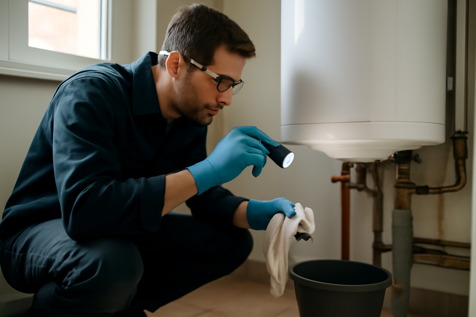 ballon d eau chaude fuite : inspection sous le chauffe-eau avec lampe et chiffon