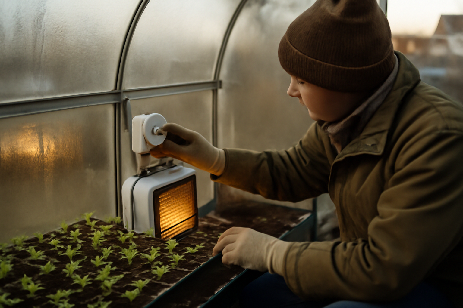 chauffage dans une serre : chauffage électrique avec thermostat, plantes et arrosage goutte à goutte