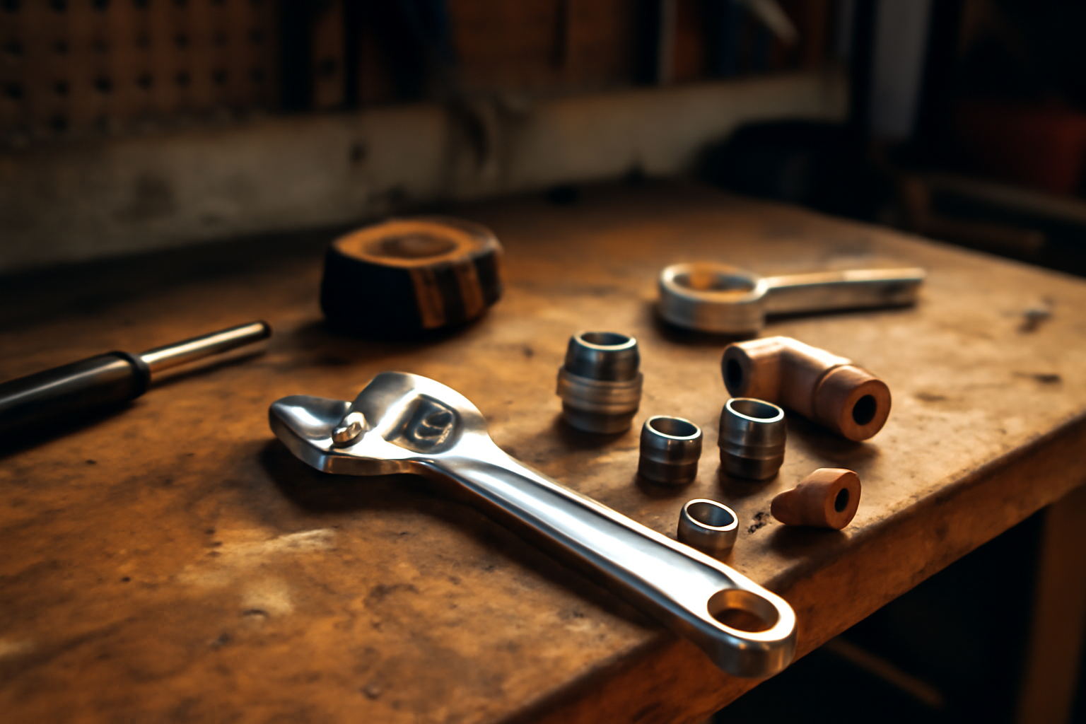 Clef anglaise chromée sur établi de bricolage avec écrous et tuyaux en cuivre