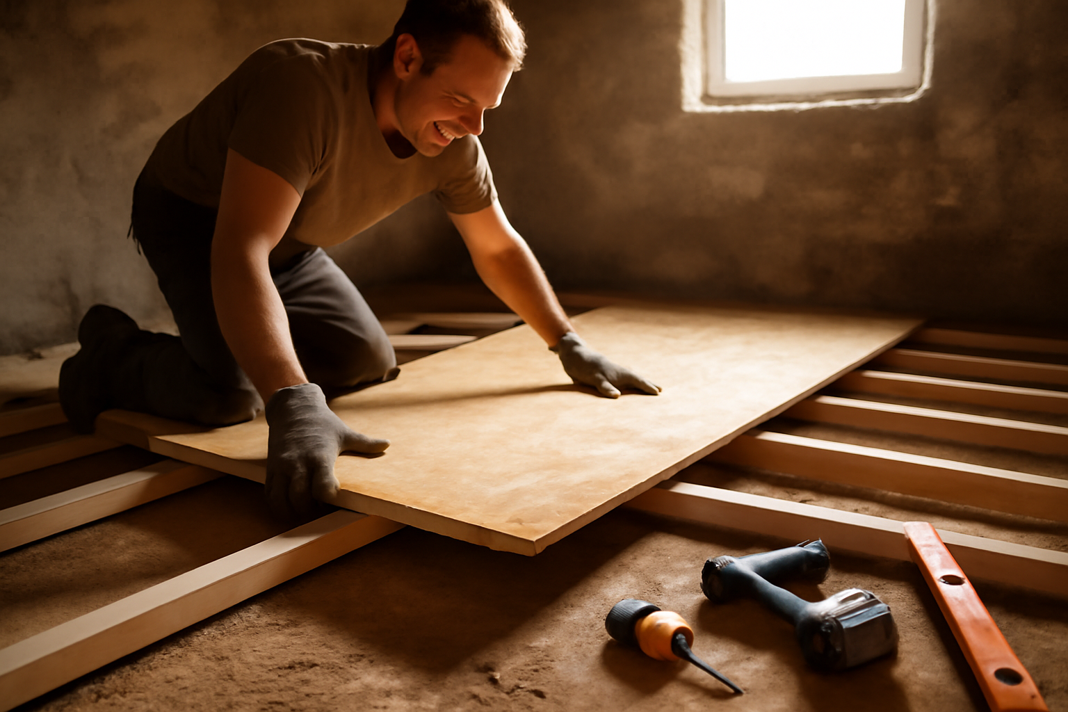 Dalle OSB3 posée sur lambourdes, chantier intérieur avec outils et gants