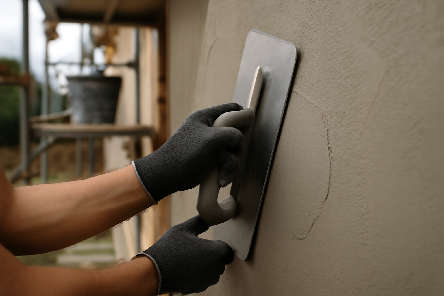 Finition d’un enduit de mur exterieur : taloche et aspect de surface