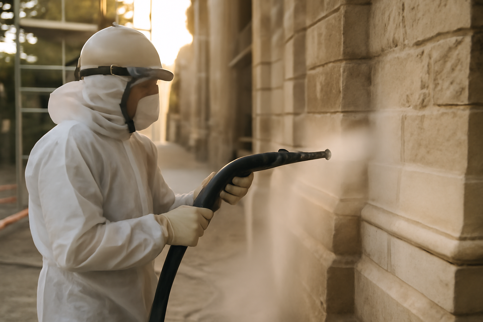 Hydrogommage d’une façade en pierre : opérateur avec pistolet et brumisation d’eau