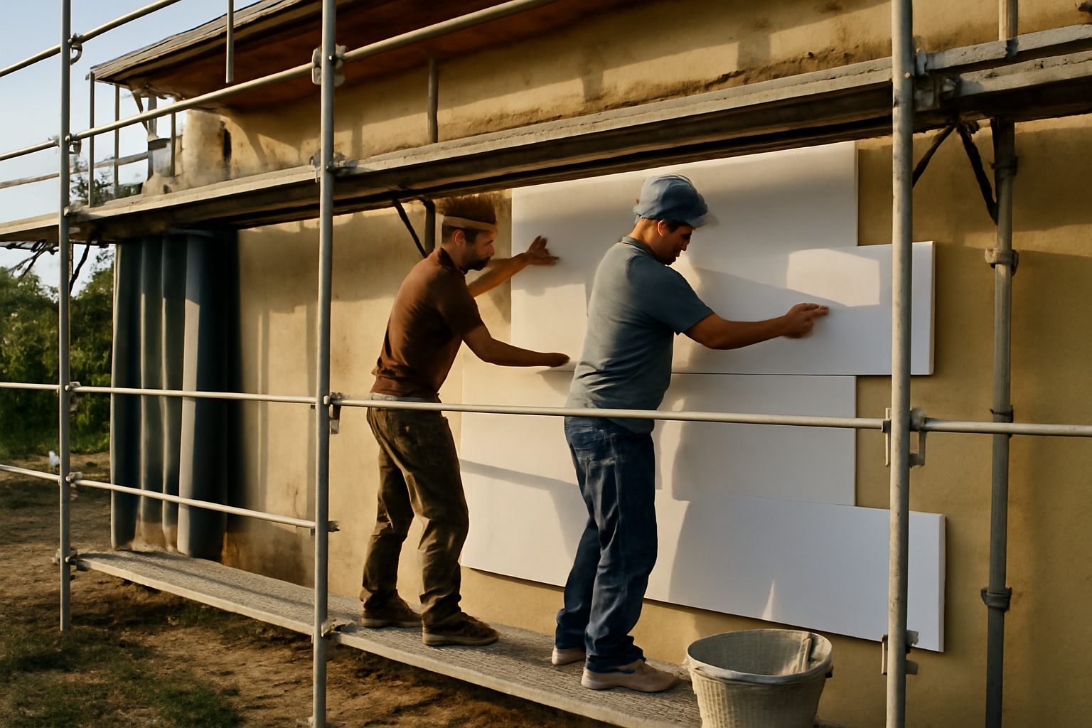 isolant pour mur extérieur en ITE : pose d’un panneau isolant sur façade, équipe de chantier