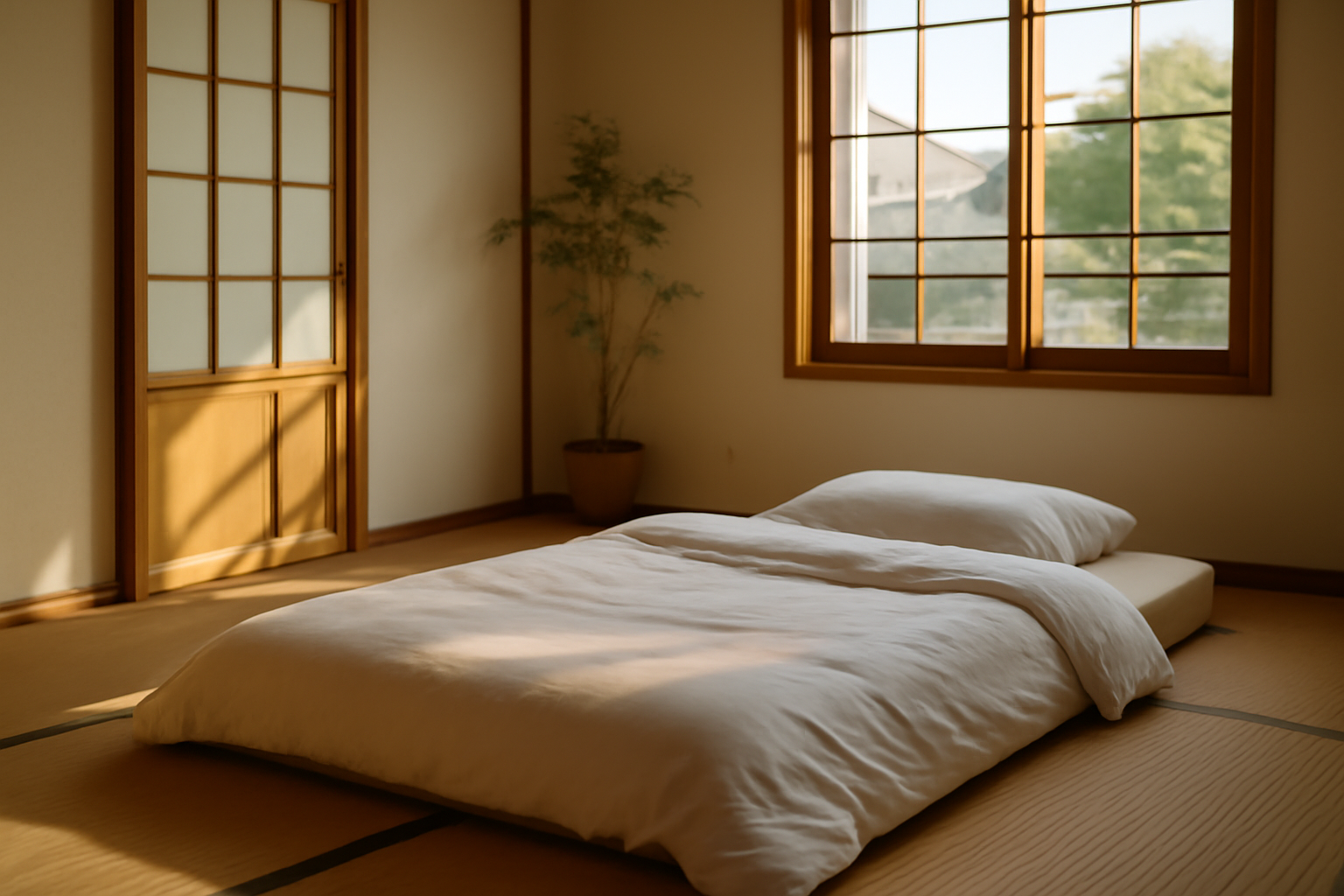 matelas sur tatamis sur sol en tatami, lumière naturelle dans un salon japonais