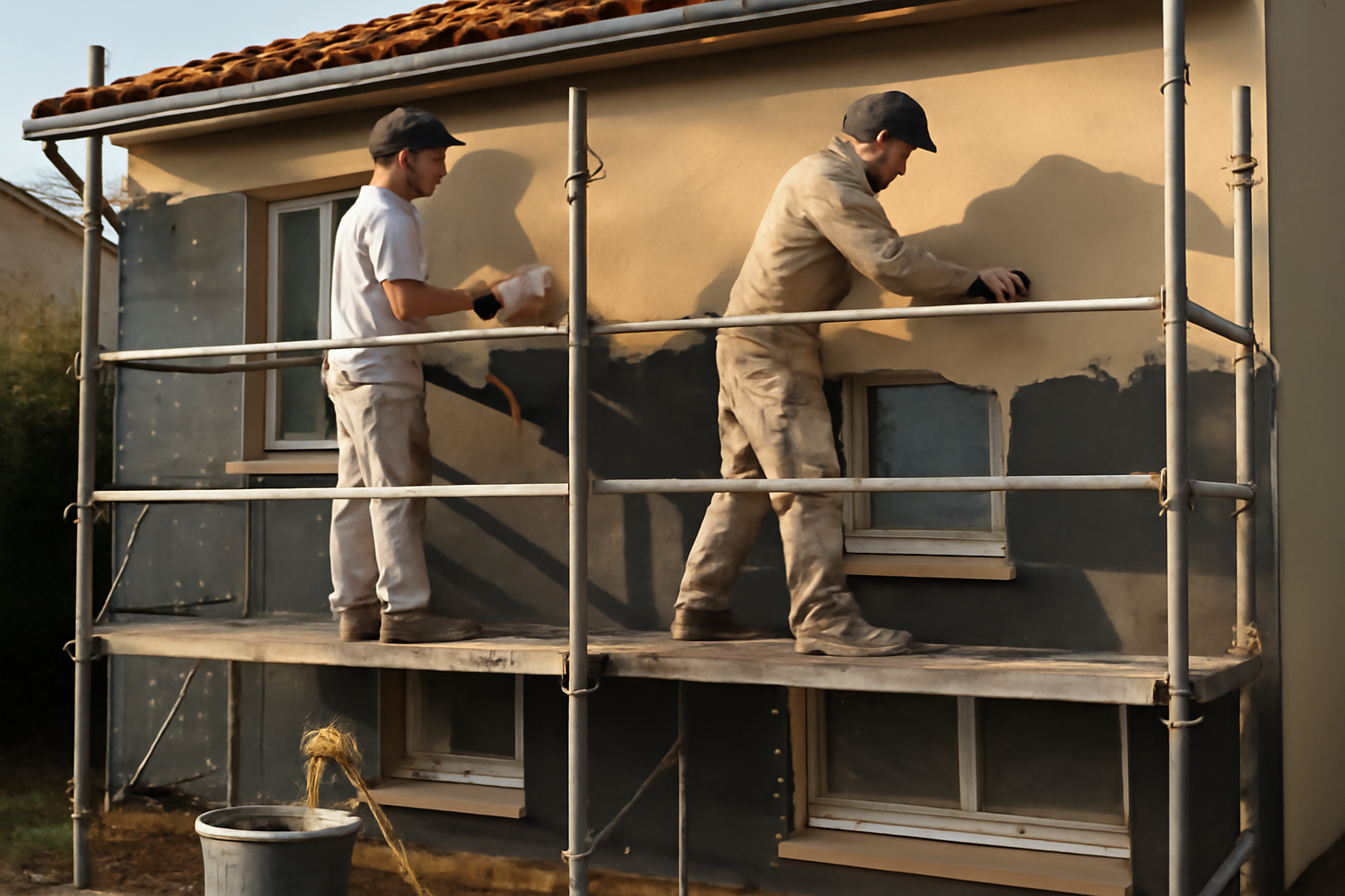 Itéiste en chantier ITE : pose d’isolant et finitions d’enduit sur façade de maison