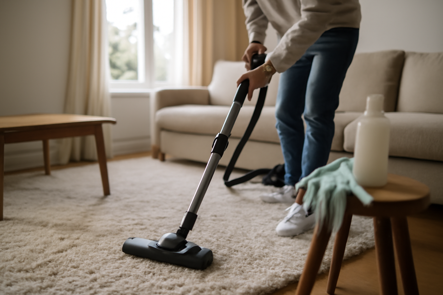 nettoyer un tapis poil long avec aspirateur et brosse douce