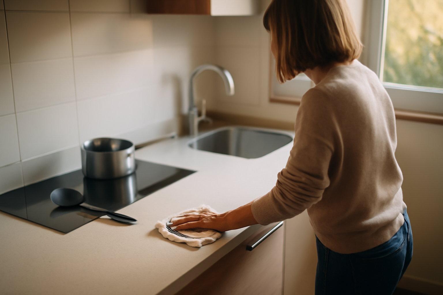 plan de travail plaque cuisson en quartz près d’une fenêtre, cuisine moderne