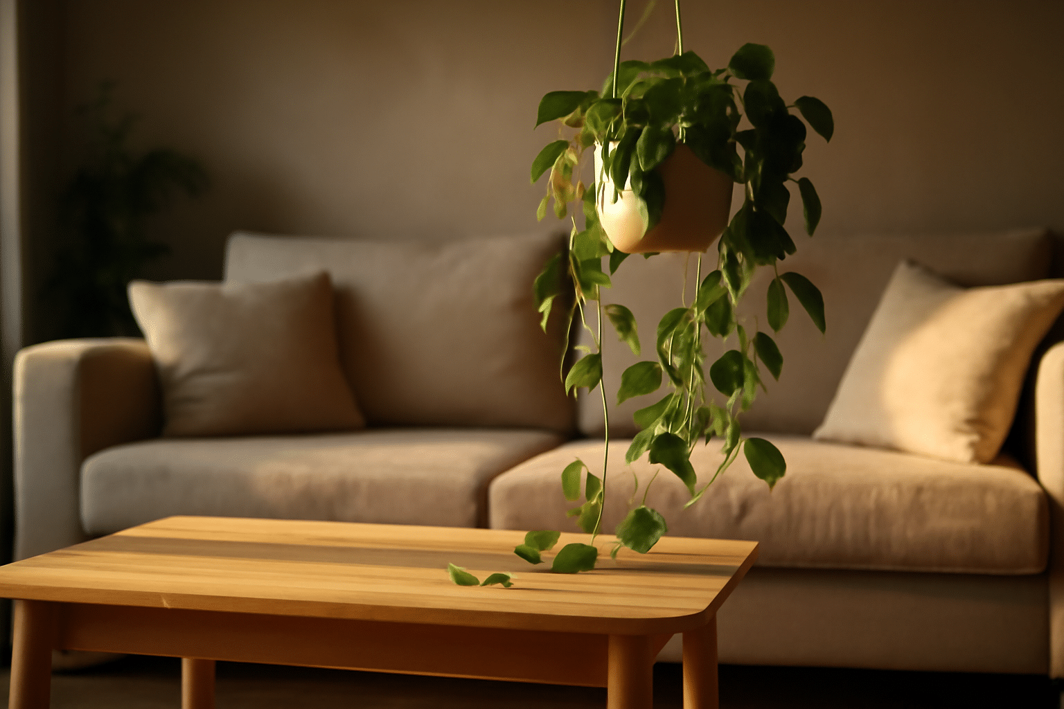 plante tombante d'intérieur suspendue dans un salon lumineux