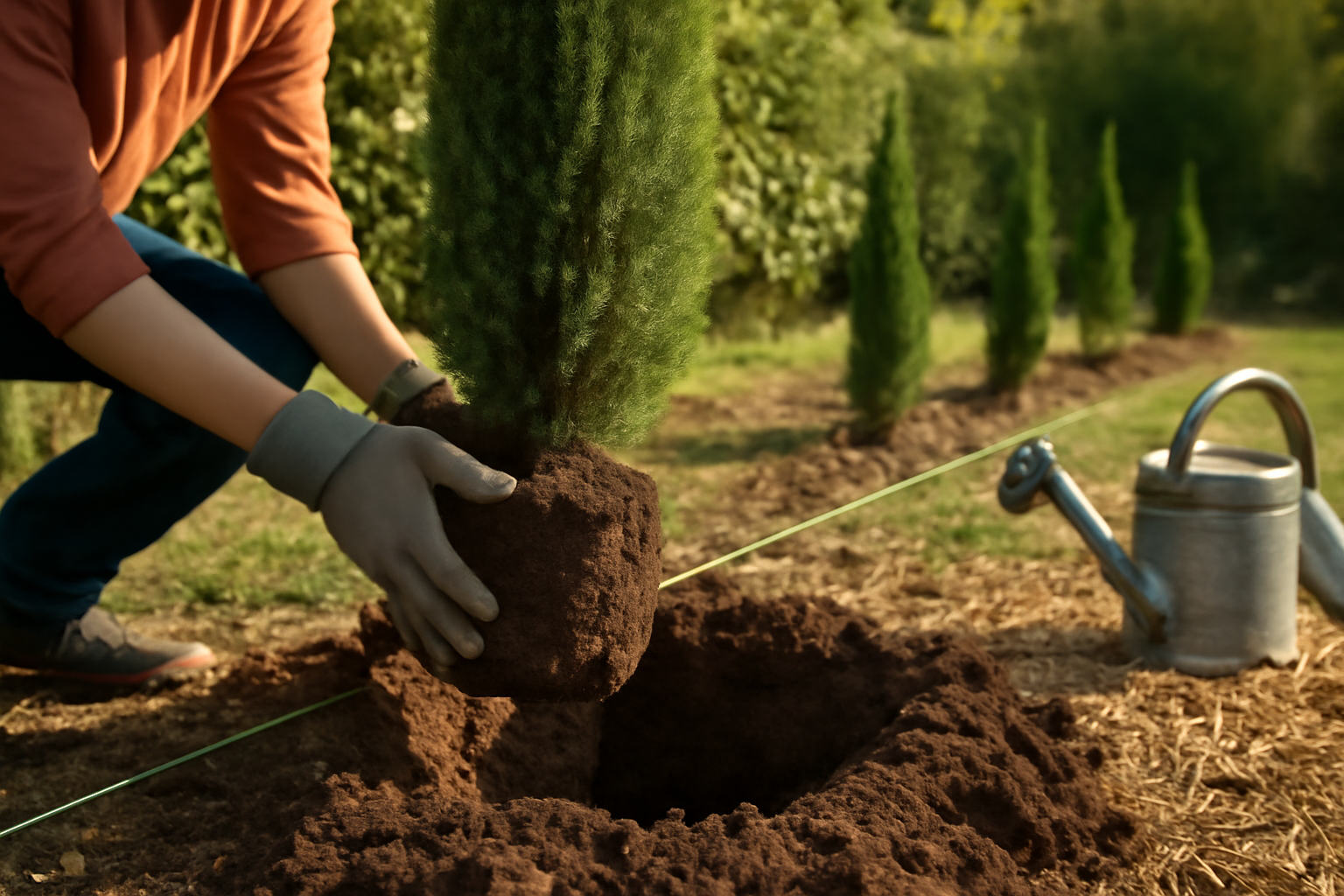 Planter cypres de provence : plant en motte au pied d’une haie, sol ameubli et paillage