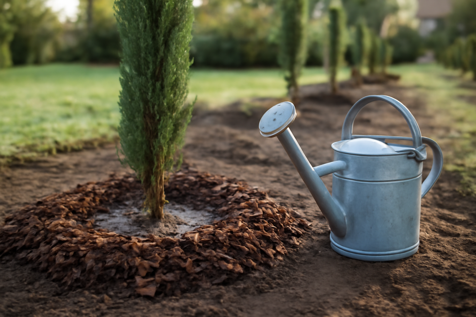Paillage au pied après plantation d’un cyprès de Provence : cuvette d’arrosage et terre tassée
