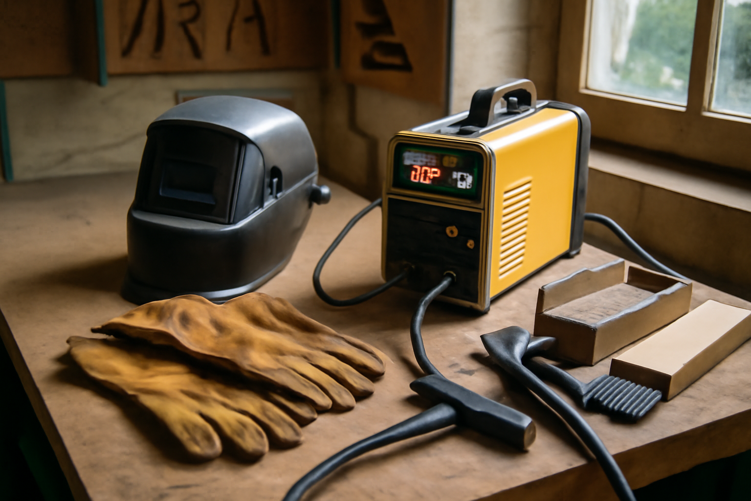 poste à souder à l arc MMA inverter en atelier, torche et câbles, électrodes sur établi
