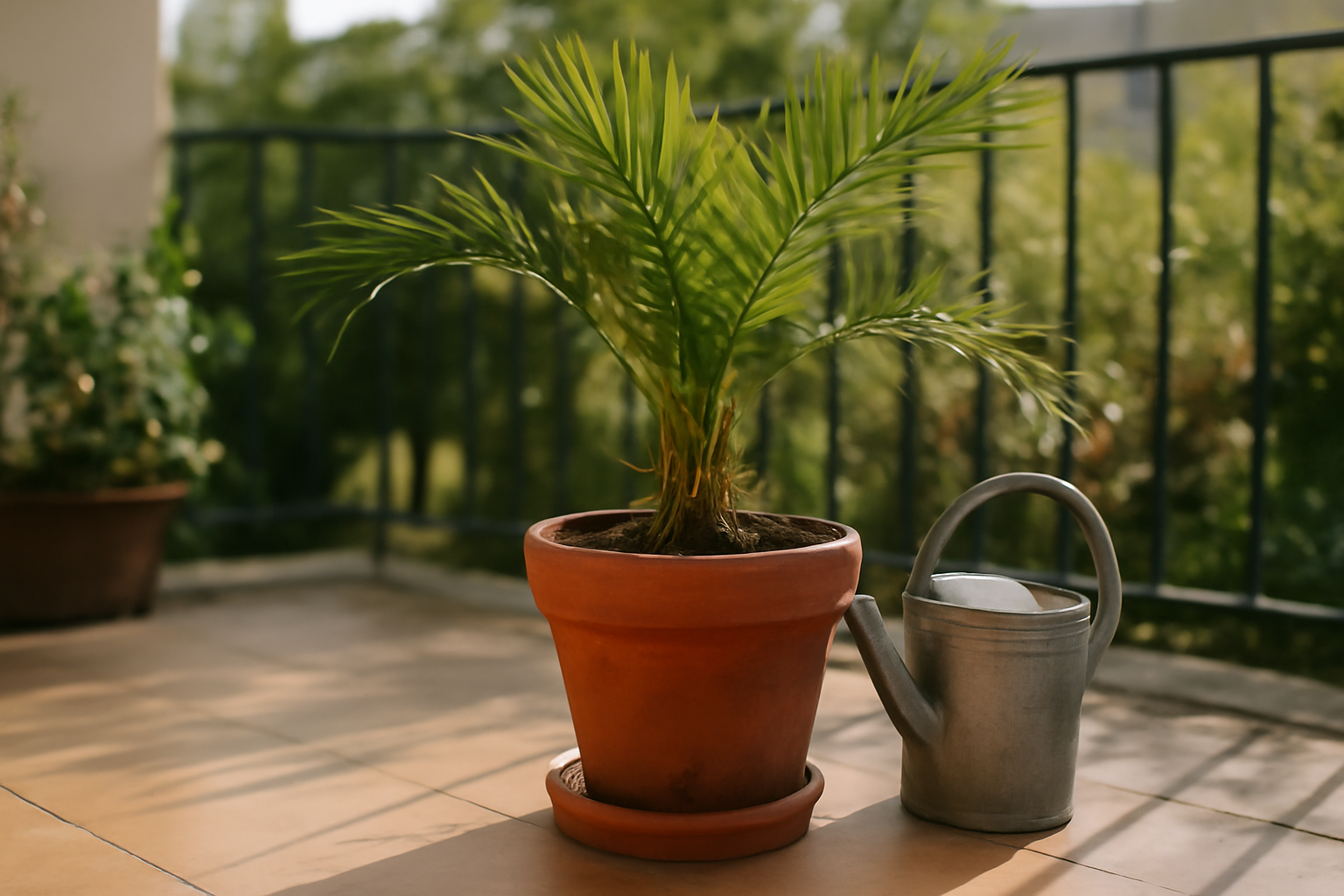 pot pour palmiers en terre cuite sur terrasse, drainage et soucoupe visibles