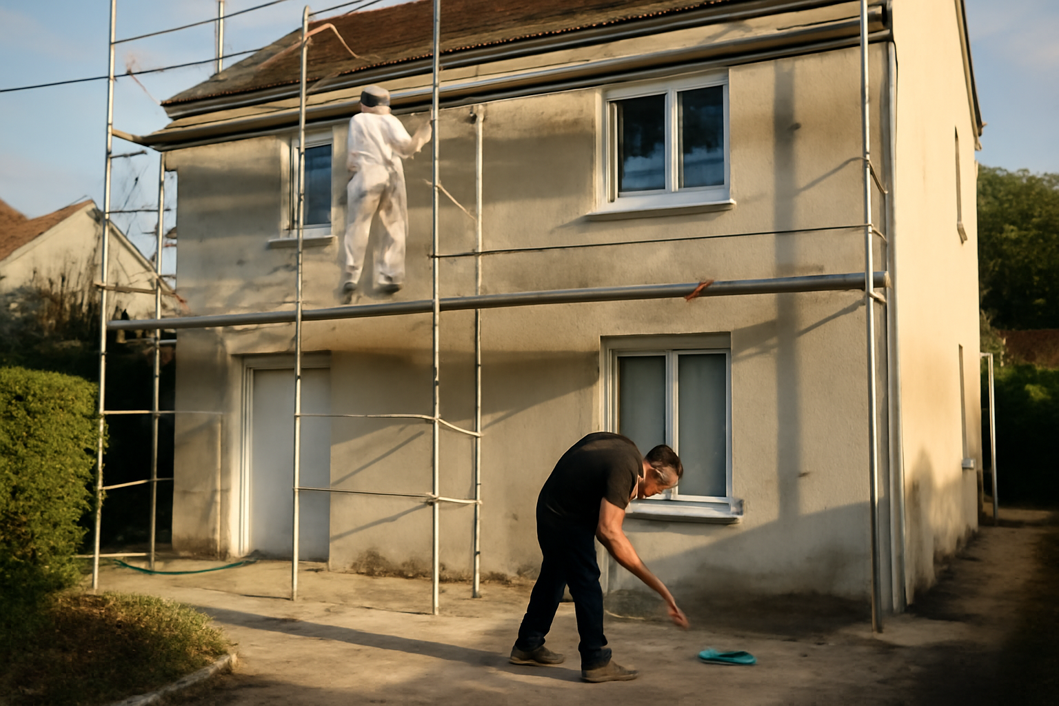 prix pour refaire facade maison : façade enduite rénovée sur maison individuelle, échafaudage et façade fraîche