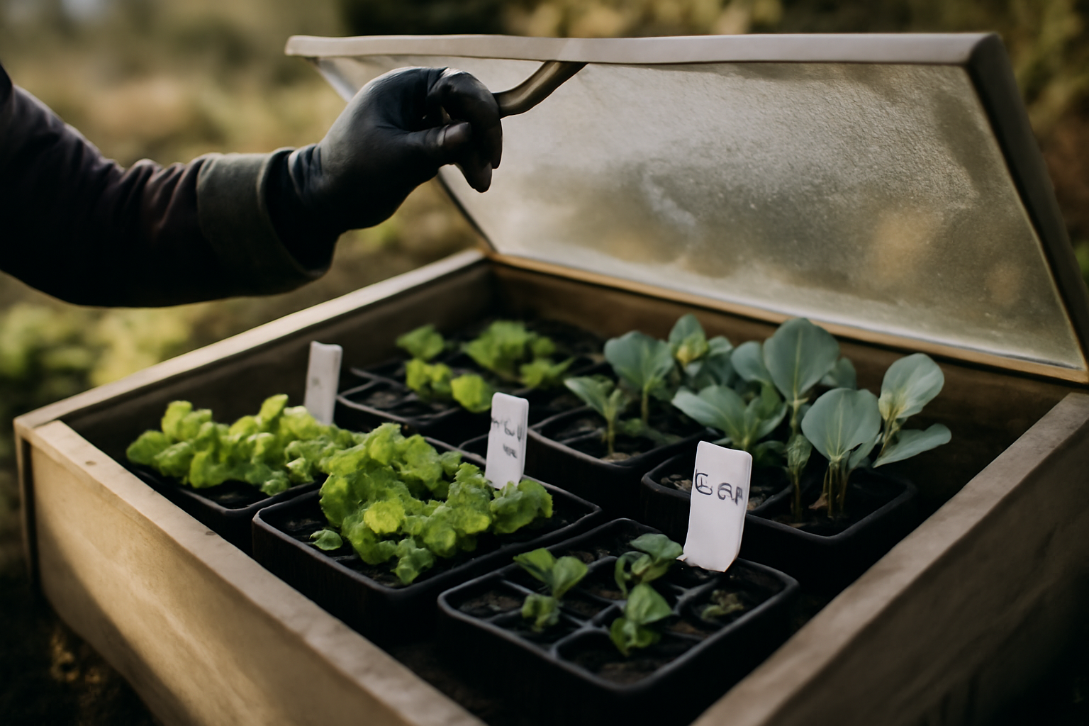 Semis en avril : châssis de jardin et jeune pousse de salade protégée du froid