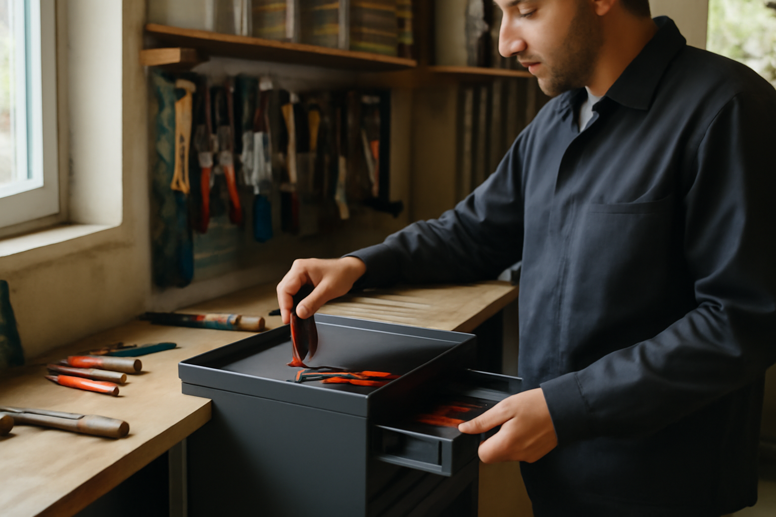 rangement atelier avec rails muraux et servante d’outils dans un atelier lumineux