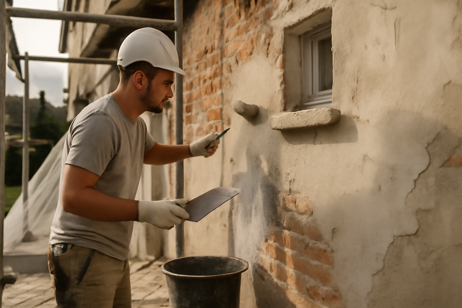 renovation mur exterieur : façade en cours de réparation avec enduit et protection contre la pluie
