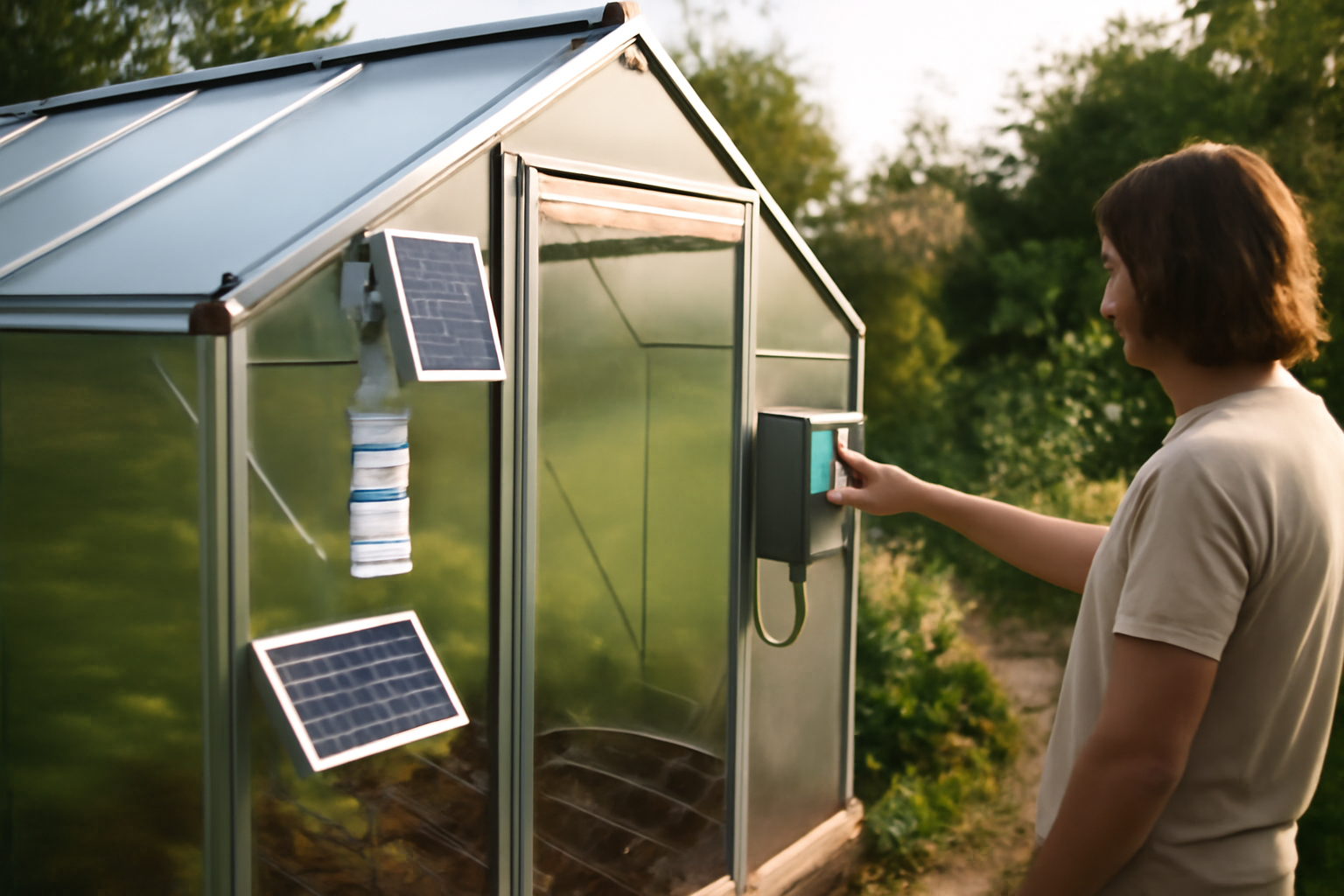 serre autonome avec capteurs et arrosage goutte à goutte en extérieur