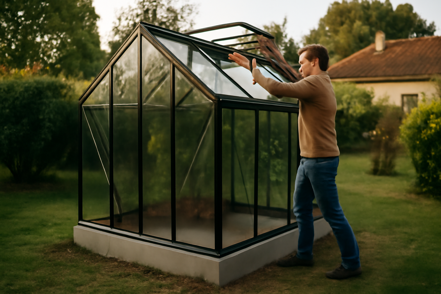 serre en verre jardin avec ventilation et ouverture en toiture, jardin français au printemps