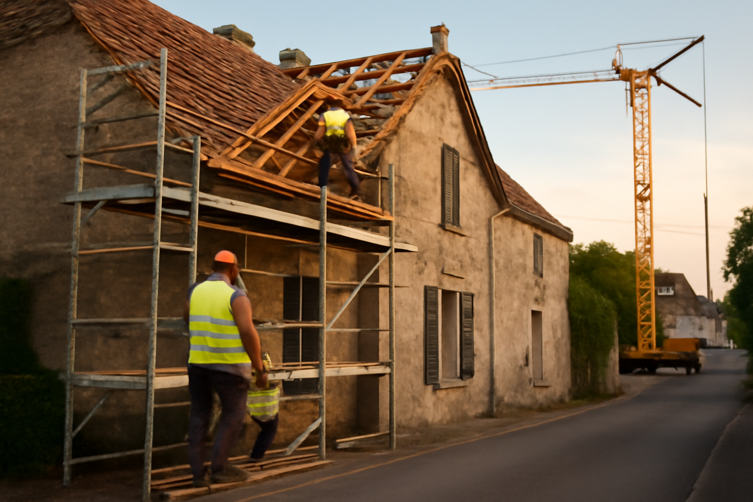 Surélévation maison ancienne : chantier de surélévation avec charpente et échafaudages en lumière de fin d'après-midi