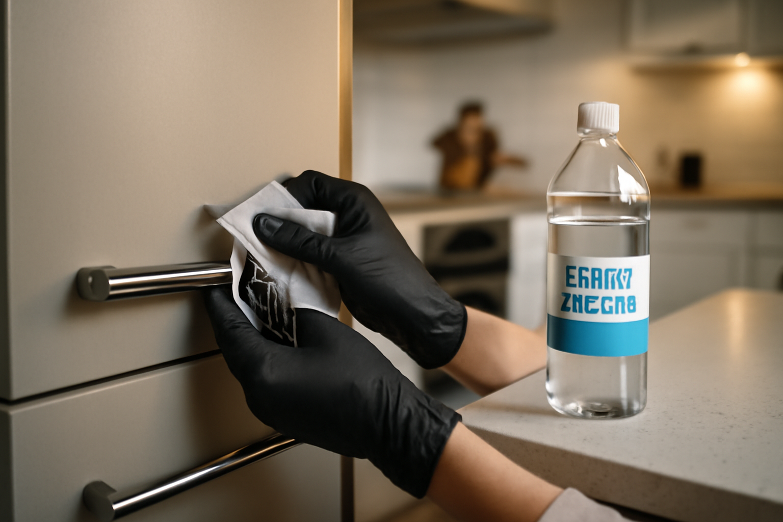 Alcool ménager pour nettoyer et désinfecter une poignée de porte en cuisine, chiffon et flacon près d’un plan de travail