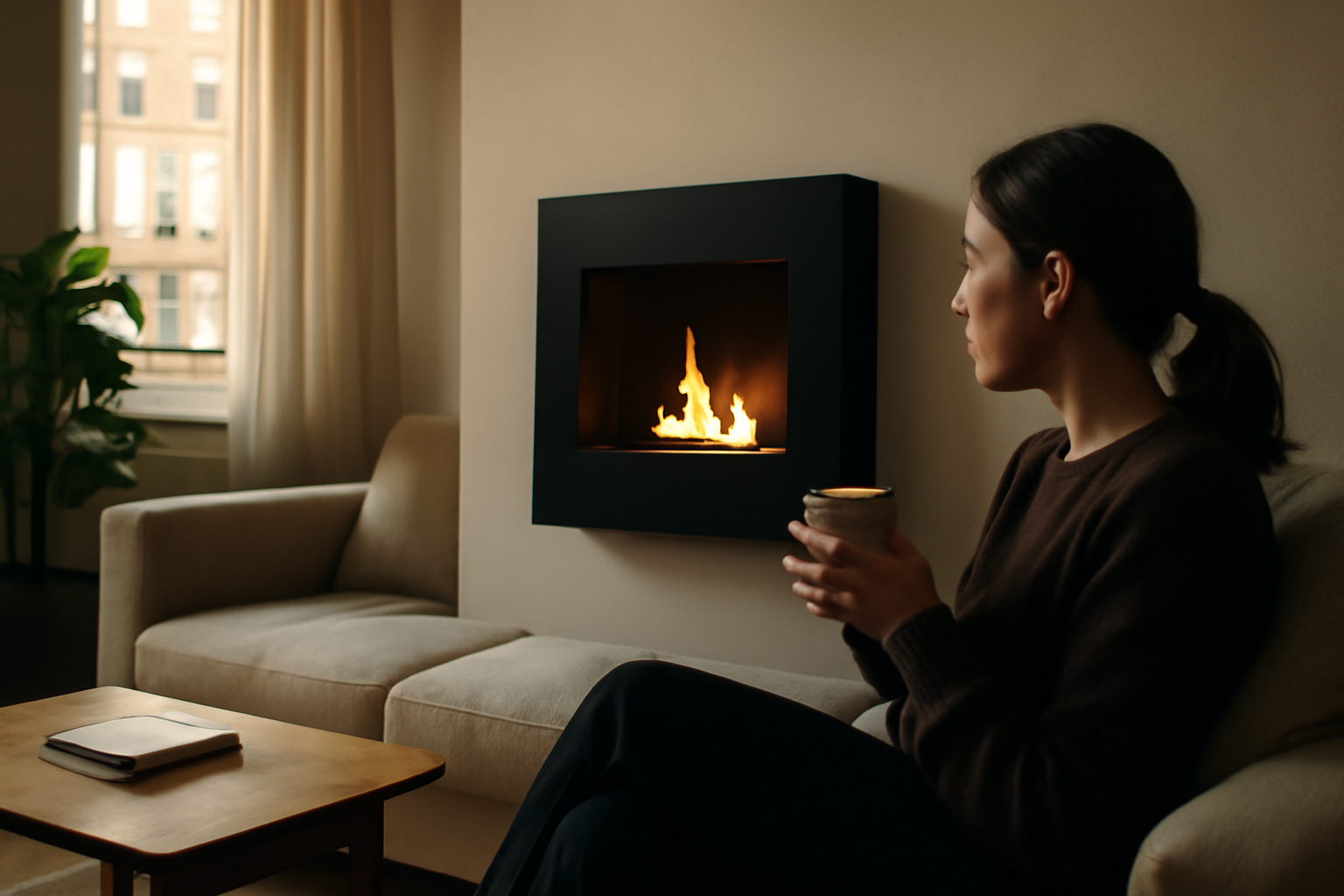cheminée au bioéthanol design avec flamme réelle dans un salon moderne