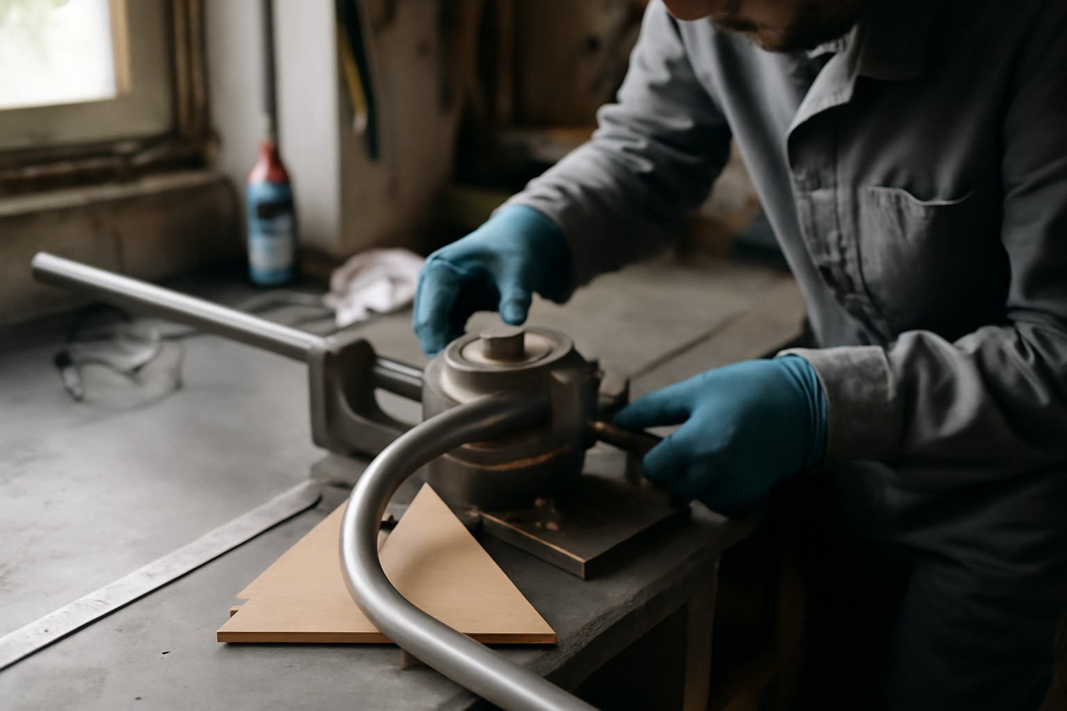 Cintrage tube sur cintreuse avec mandrin et gabarit d’angle en atelier