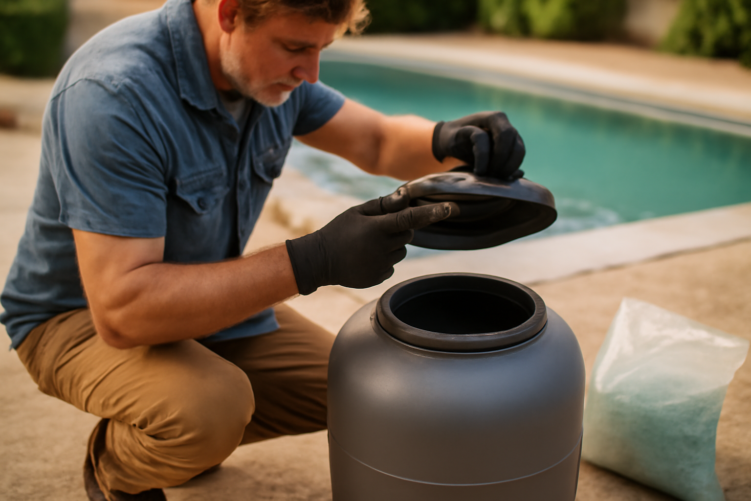 combien de sac de verre pour filtre piscine : cuve de filtre à sable ouverte et média filtrant