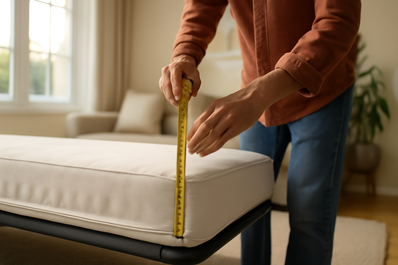 convertible matelas avec housse ouverte et mesure de l’épaisseur