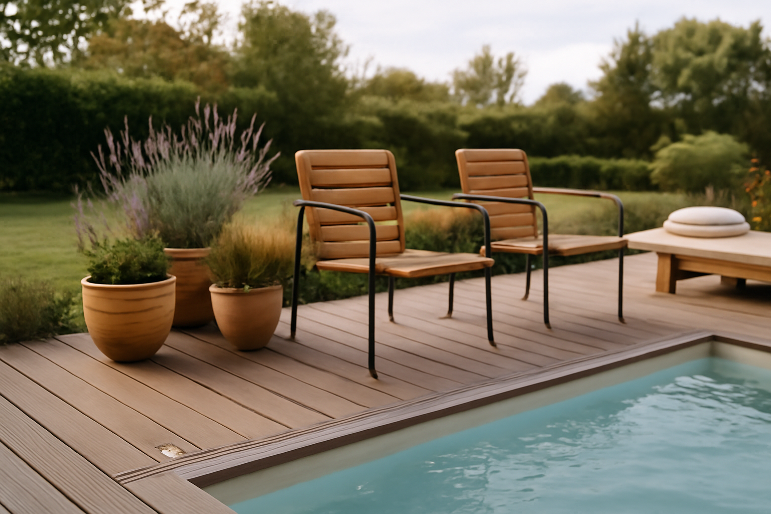 deco bord de piscine exterieur avec terrasse bois antidérapante, plantes méditerranéennes et éclairage au sol