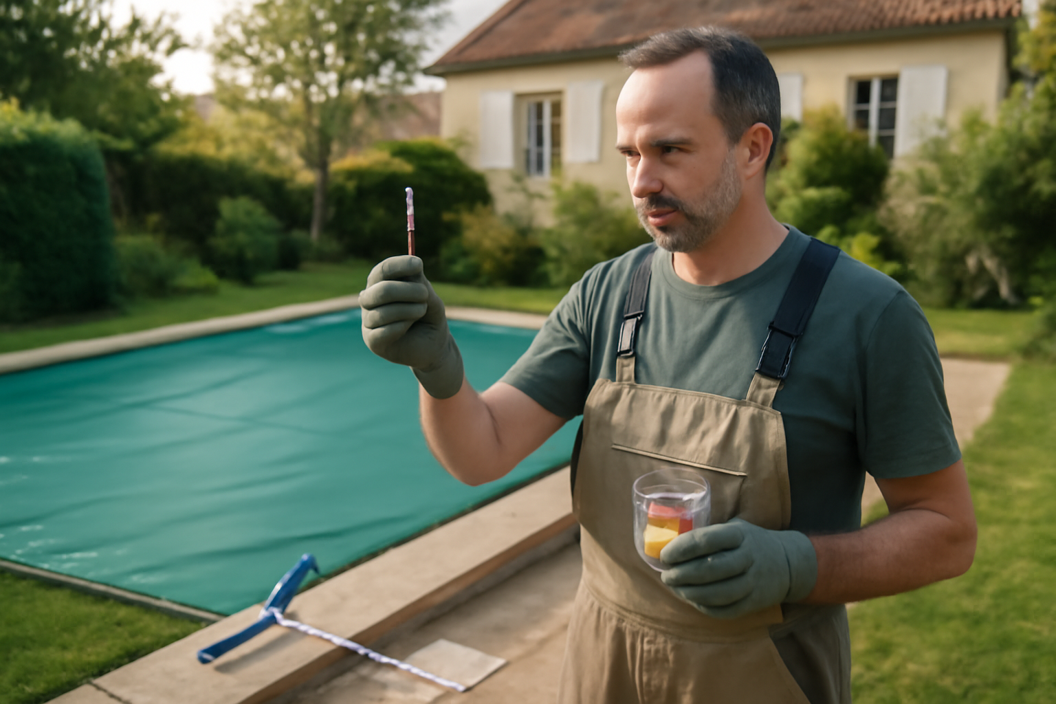 Eau de piscine verte et test pH avec bandelettes, avant traitement