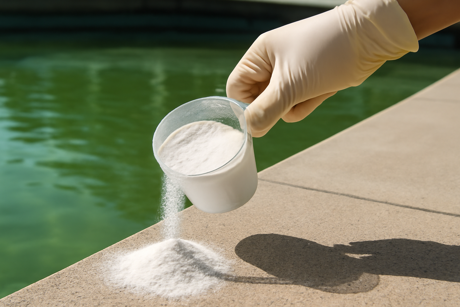 Bicarbonate de soude versé près d’une piscine avec protection et doseur