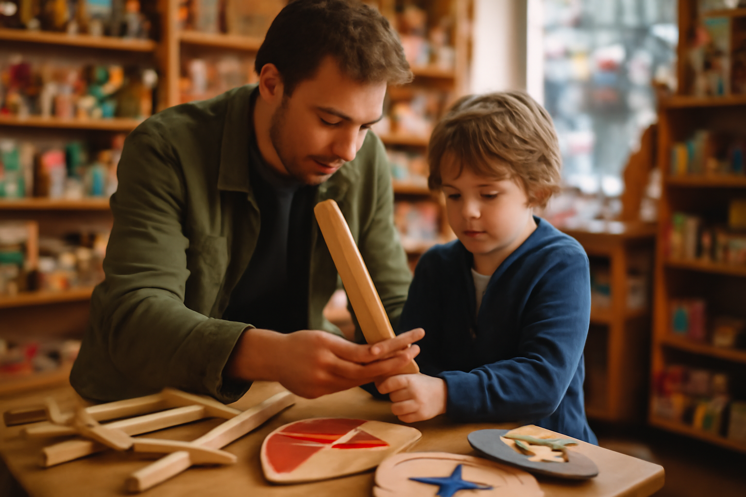 épée en bois pour enfant en boutique, contrôle des finitions et de la prise en main