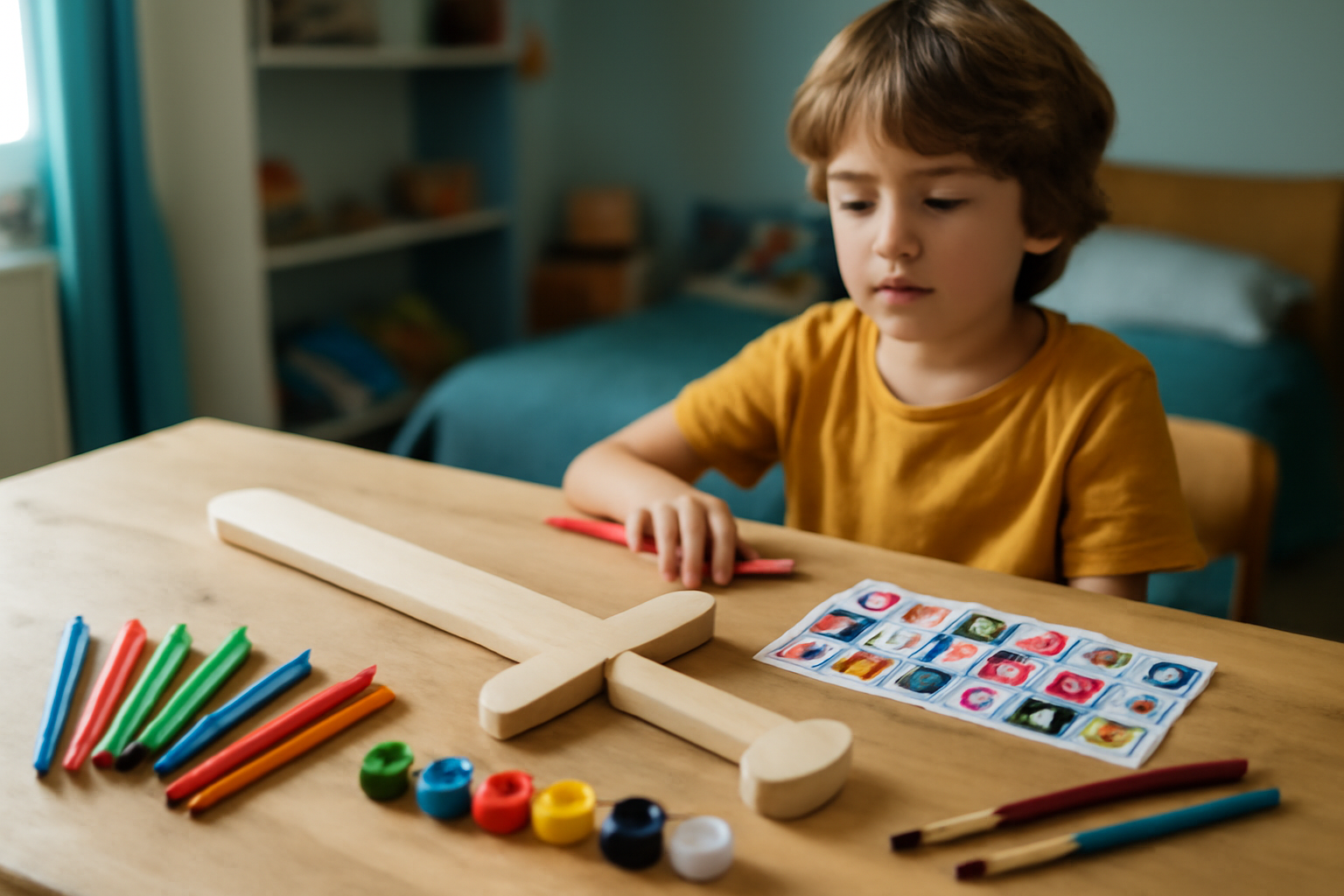 kit épée en bois à décorer pour enfant peinture et stickers sur table