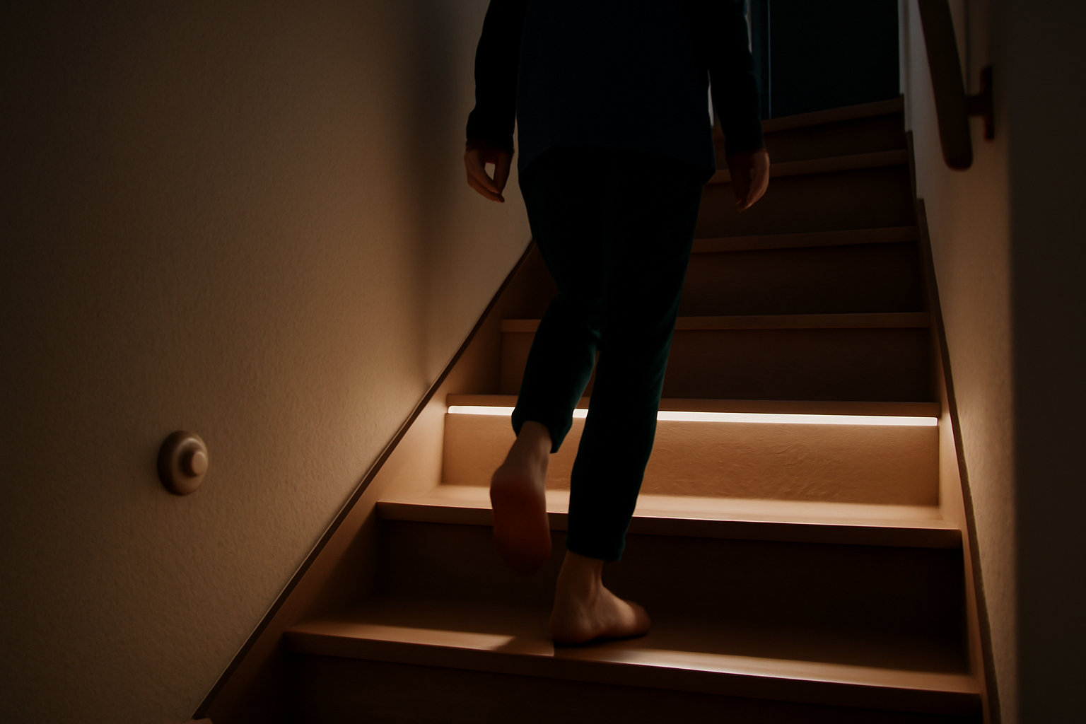 led escalier avec ruban LED et détecteur PIR dans un couloir intérieur, lumière douce sur les marches