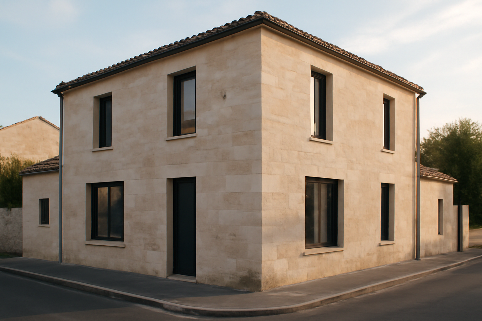 Maison facade pierre : façade en pierre claire avec menuiseries foncées, vue de jour