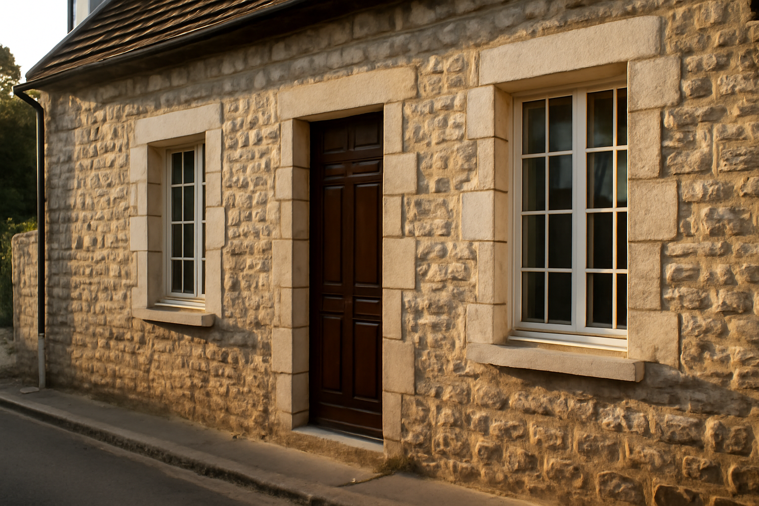 Maison facade pierre traditionnelle avec moellons et joints marqués, vue façade