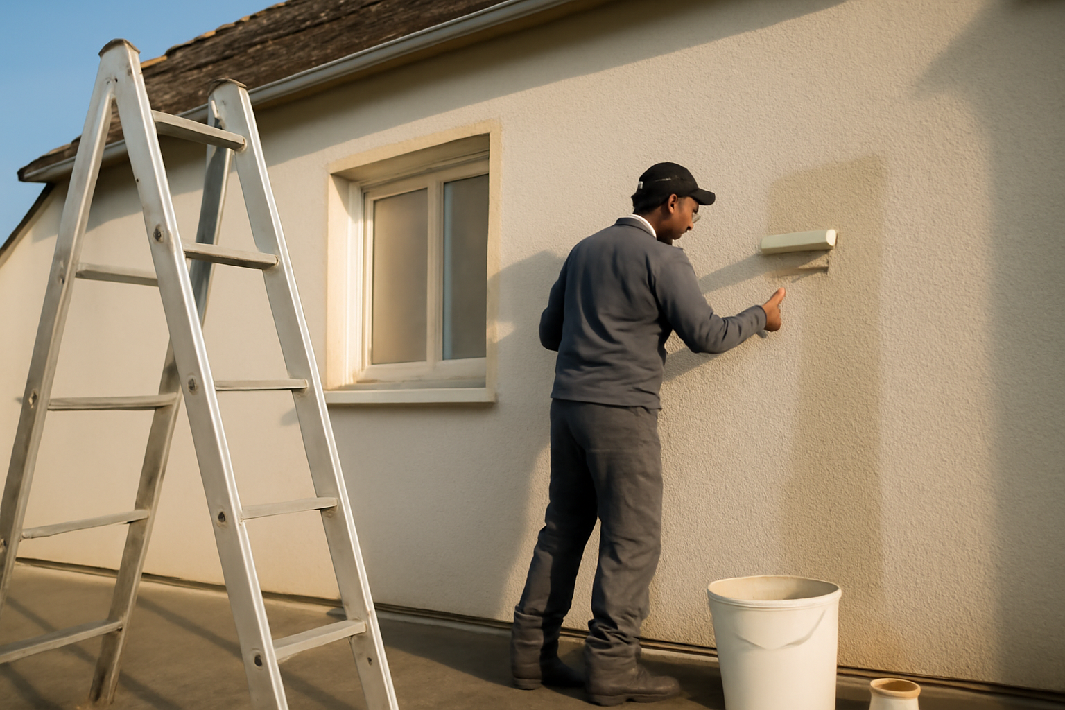 peinture façades des maison : façade en cours de rénovation avec rouleau et sous-couche, lumière de fin d’après-midi