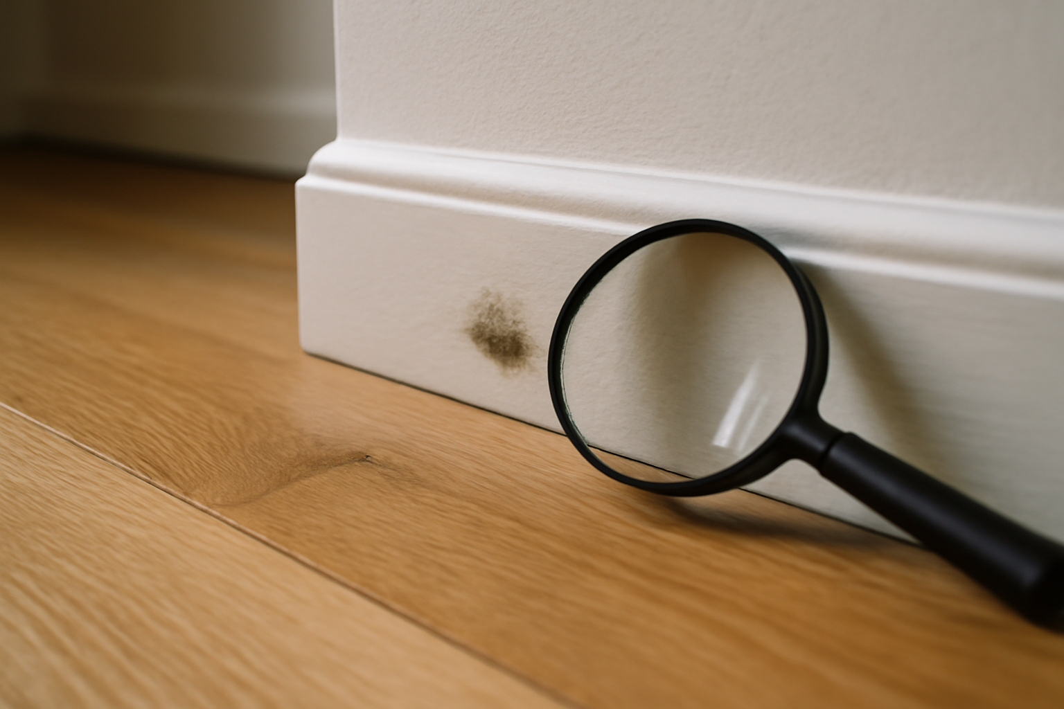 puce de parquet observée près d’une plinthe sur un sol en bois