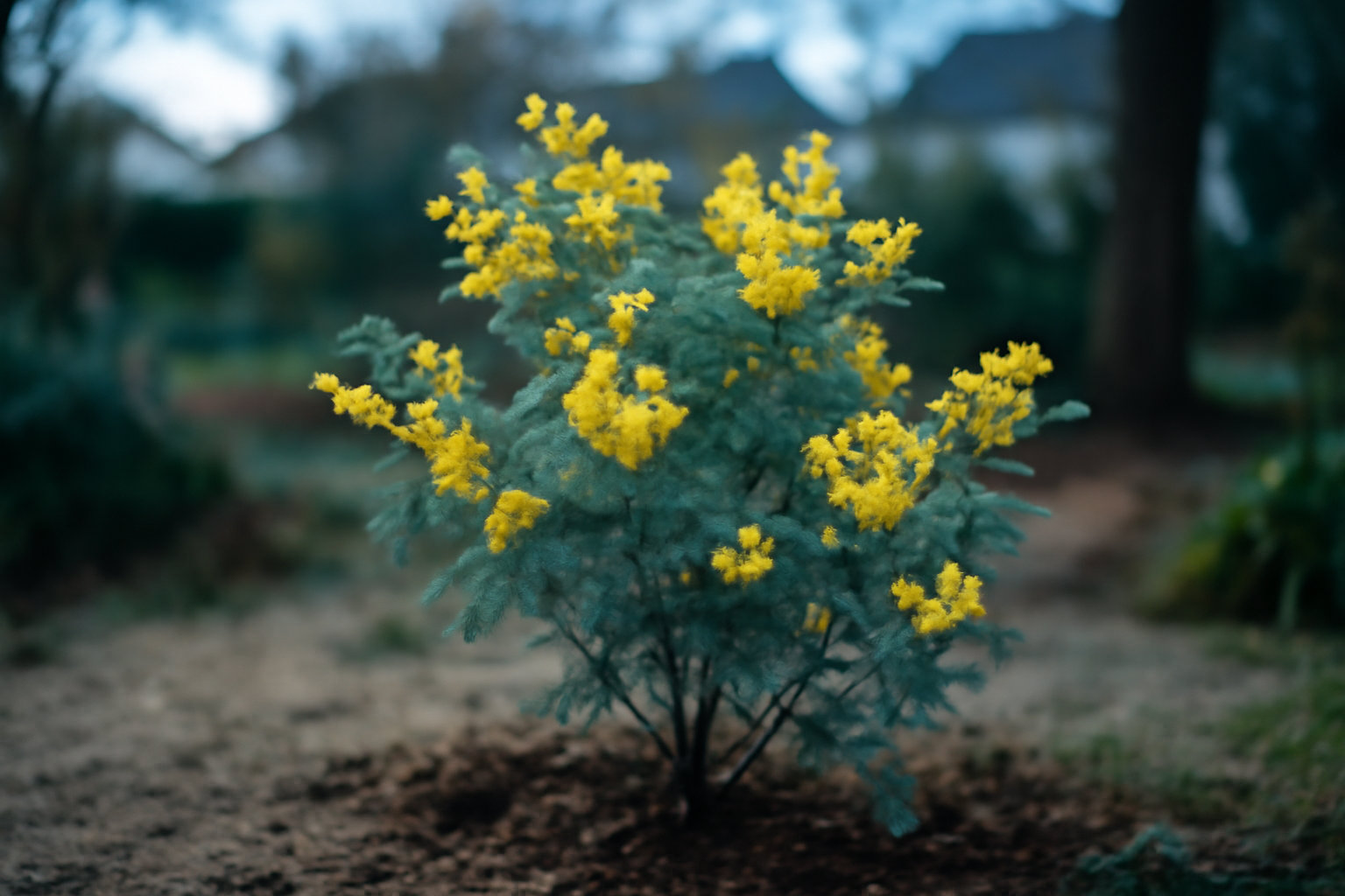 Acacia dealbata silver wattle avec pompons jaunes et feuillage argenté dans un jardin en hiver