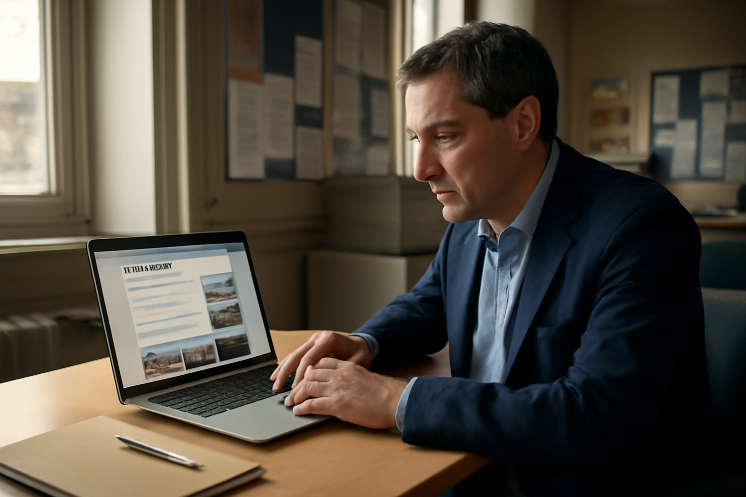 Portail en ligne de balae logement sur écran d’ordinateur dans un bureau administratif, ambiance réaliste, lumière naturelle