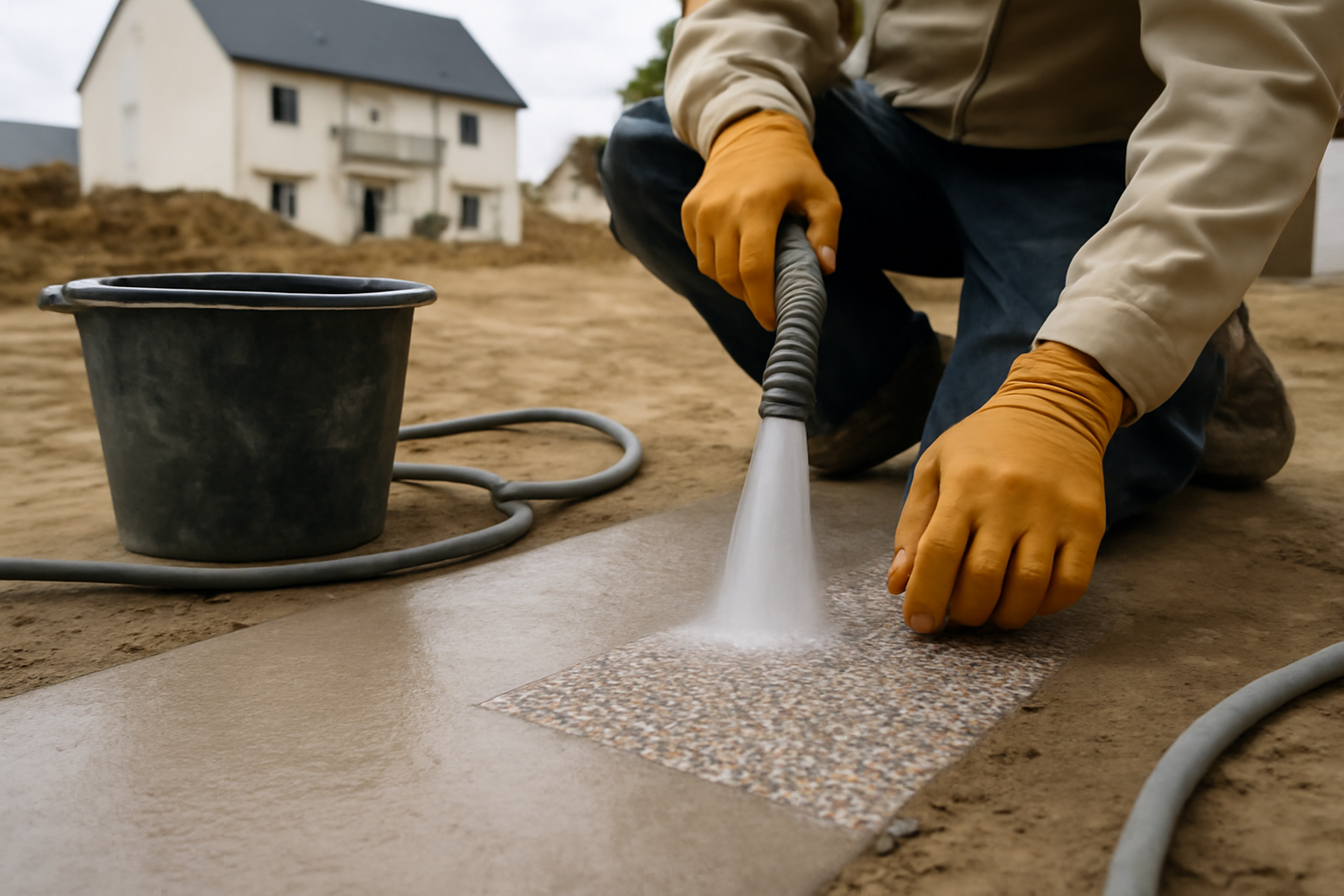 lavage du béton désactivé avec jet d’eau sur une zone témoin, granulats visibles, scène photo réaliste en extérieur