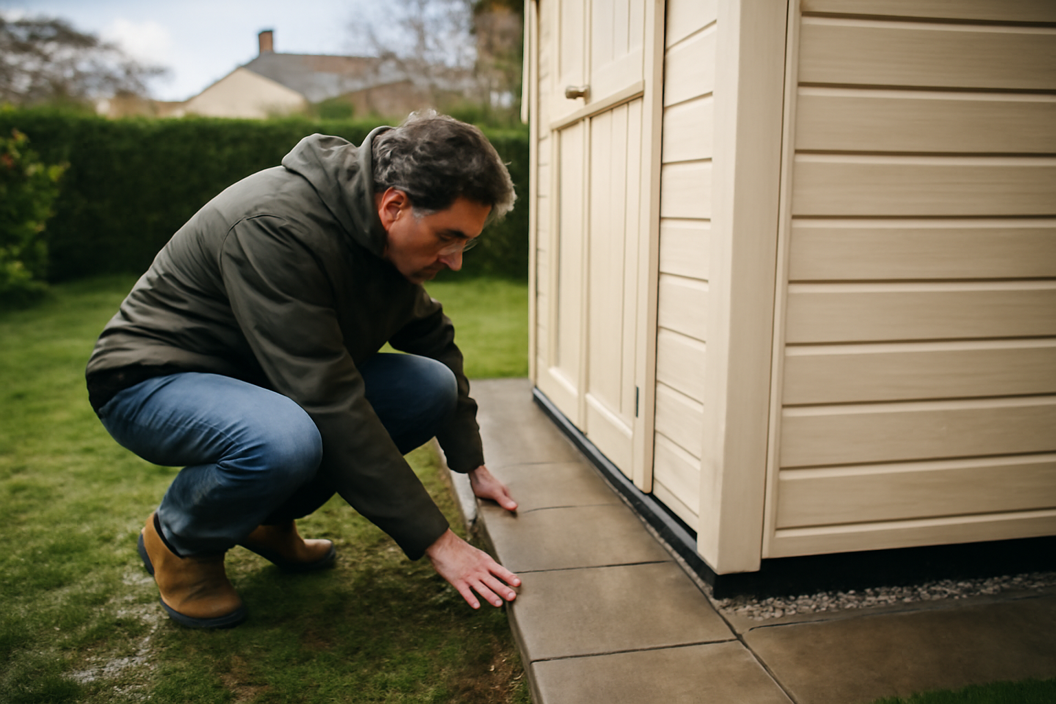 cabanon action polémique dans un jardin français après une pluie, sol préparé et base avec drainage