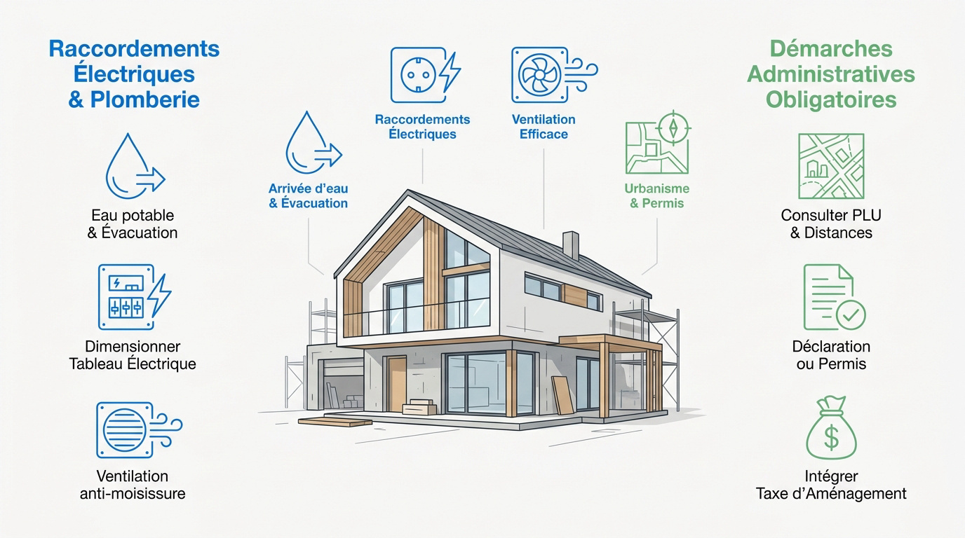 Vue technique des raccordements et de la structure d'un pool house en construction