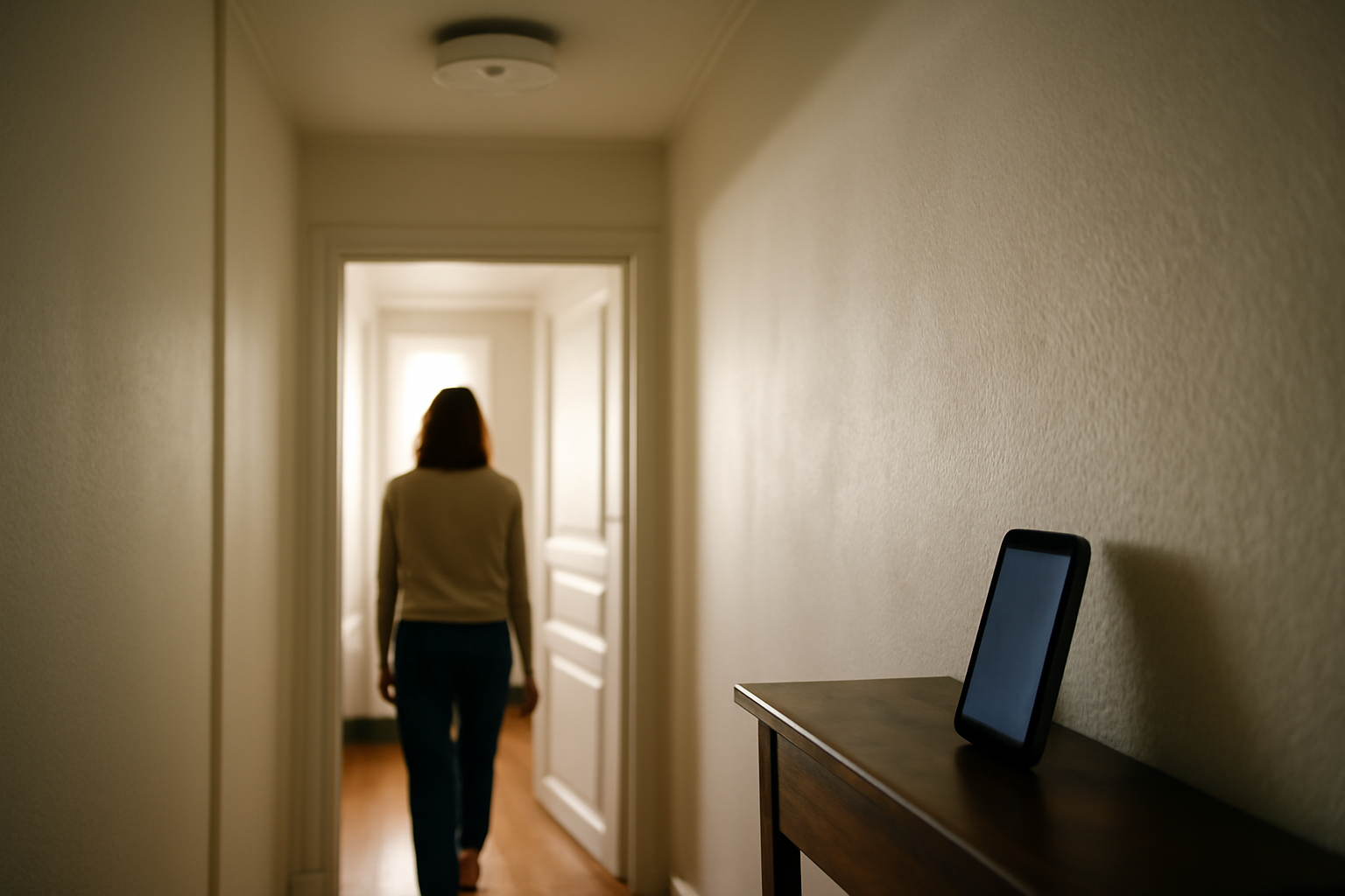 Détecteur de fumée connecté obligatoire installé dans un couloir d’appartement, lumière naturelle, photo réaliste