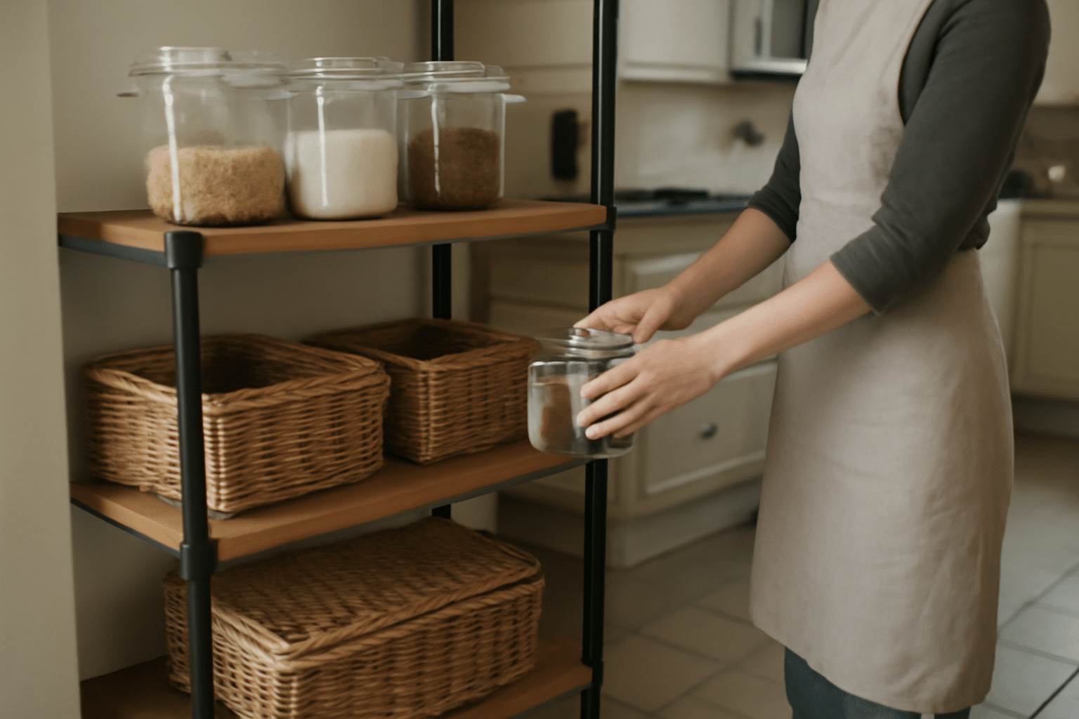etagere cuisine sur pieds stable, paniers et boîtes hermétiques pour limiter la poussière