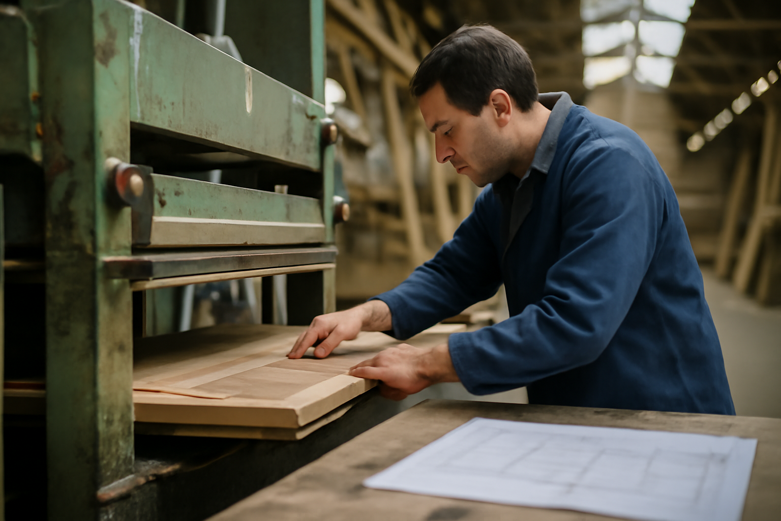 exploration et innovations des techniques de placage bois : atelier de placage avec feuilles fines et presse à plateau