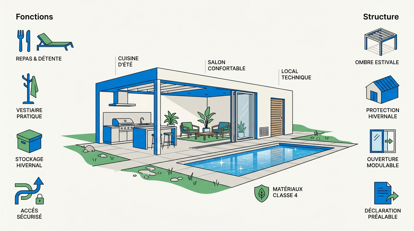 Infographie présentant les fonctions et structures d'un pool house moderne