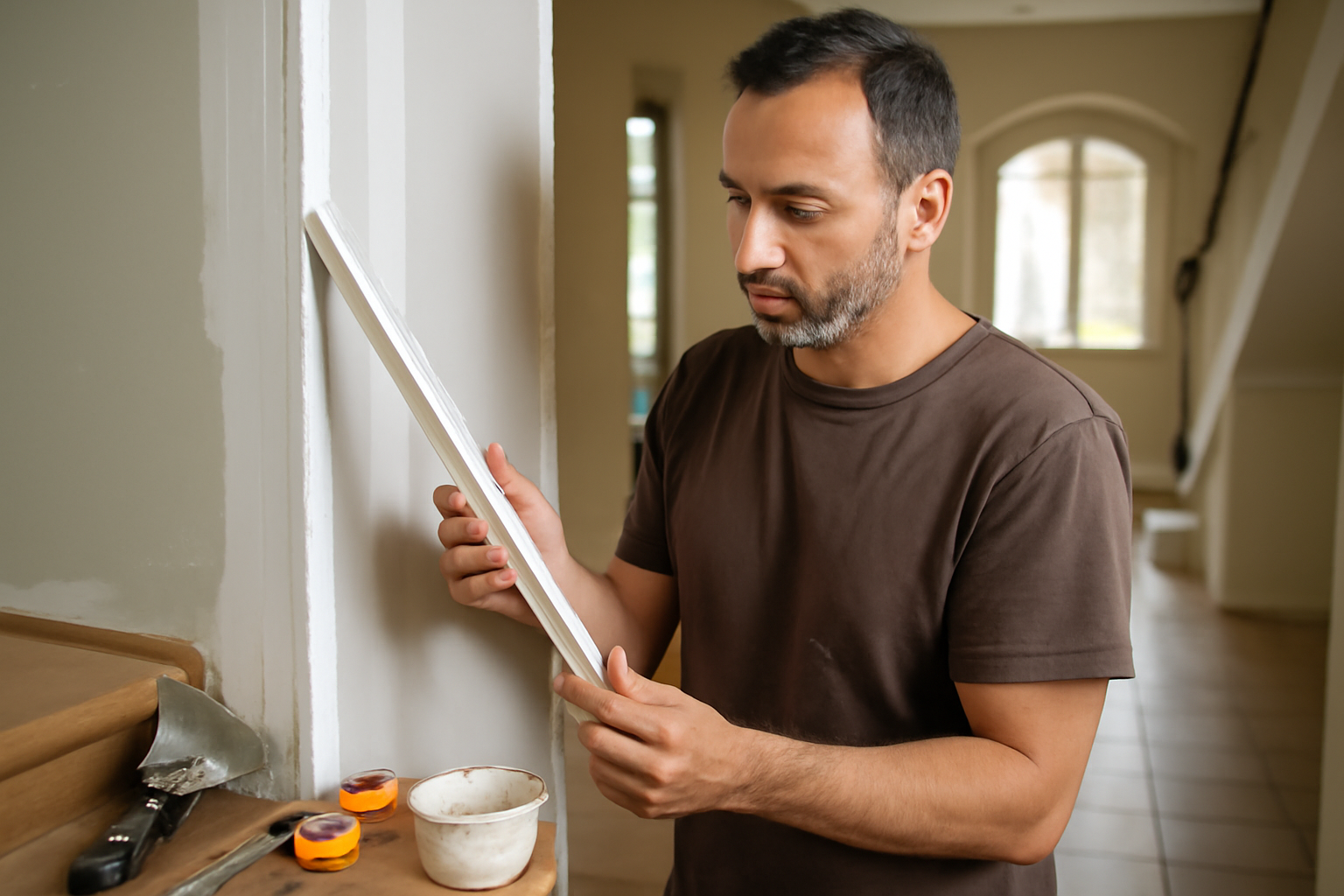 nez de cloison PVC sur angle de placo dans une entrée, finition prête à peindre