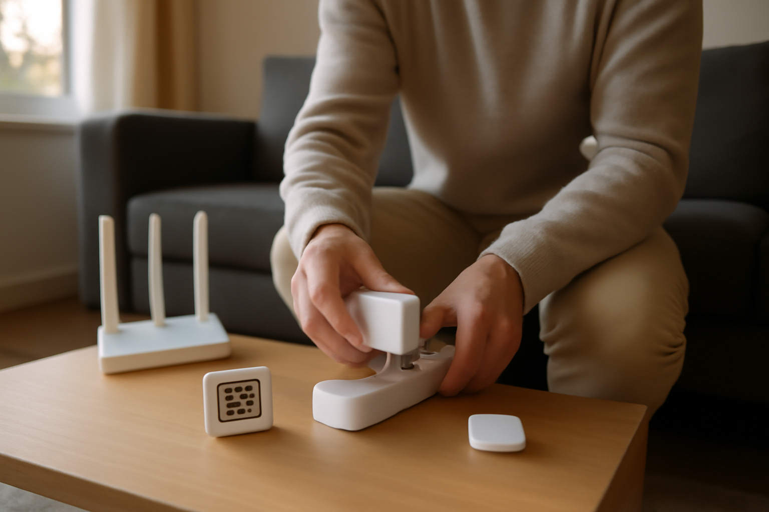 pont zigbee universel avis : passerelle Zigbee branchée près d’un routeur domotique, salon moderne