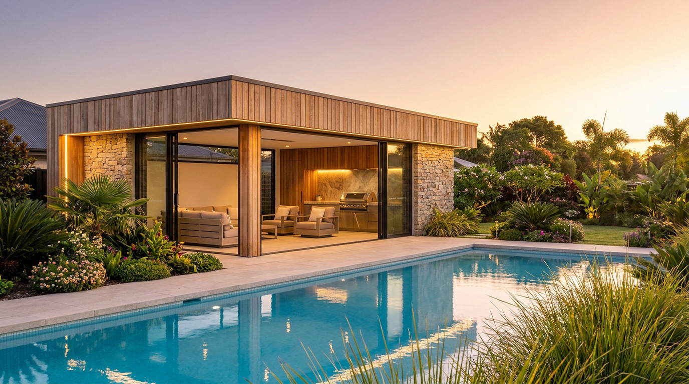 Pool house moderne avec cuisine extérieure et salon ouvert face à une piscine au coucher du soleil.